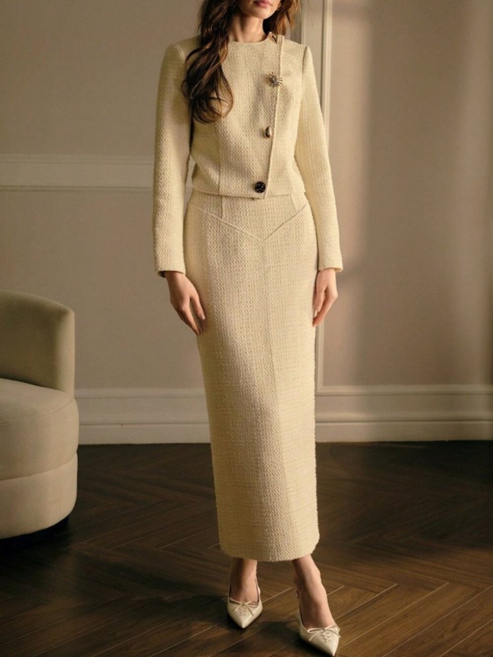 Ivory Cream Tweed Jeweled Button Cropped Jacket & Maxi Skirt Set